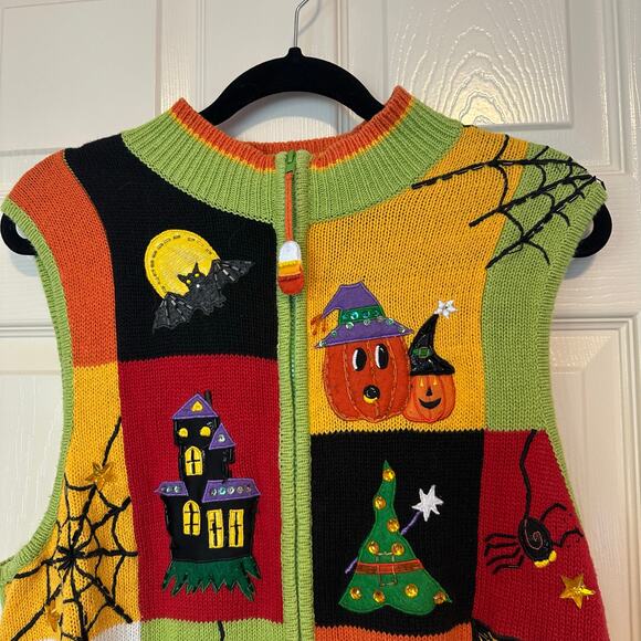 Vintage Tiara Halloween Zip Up Sweater Vest Size XL Embroidered Beaded 90s - Picture 4 of 13